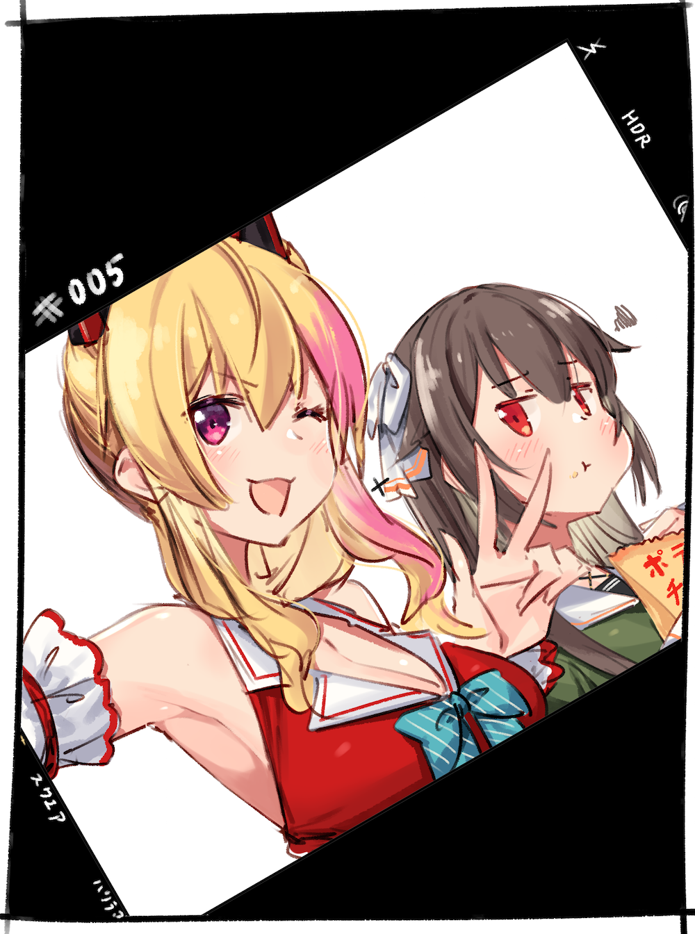 .live 2girls :t ;d animal_ears bare_shoulders blonde_hair blush bow breasts brown_hair cleavage closed_mouth collared_shirt dress eating fake_animal_ears food food_on_face green_dress hair_bow highres kei_(soundcross) lightning_bolt long_hair looking_at_viewer medium_breasts multicolored_hair multiple_girls nekonoki_mochi one_eye_closed open_mouth pink_hair reaching_out red_eyes red_shirt self_shot shirt sleeveless sleeveless_shirt smile squiggle streaked_hair violet_eyes virtual_youtuber white_bow yaezawa_natori
