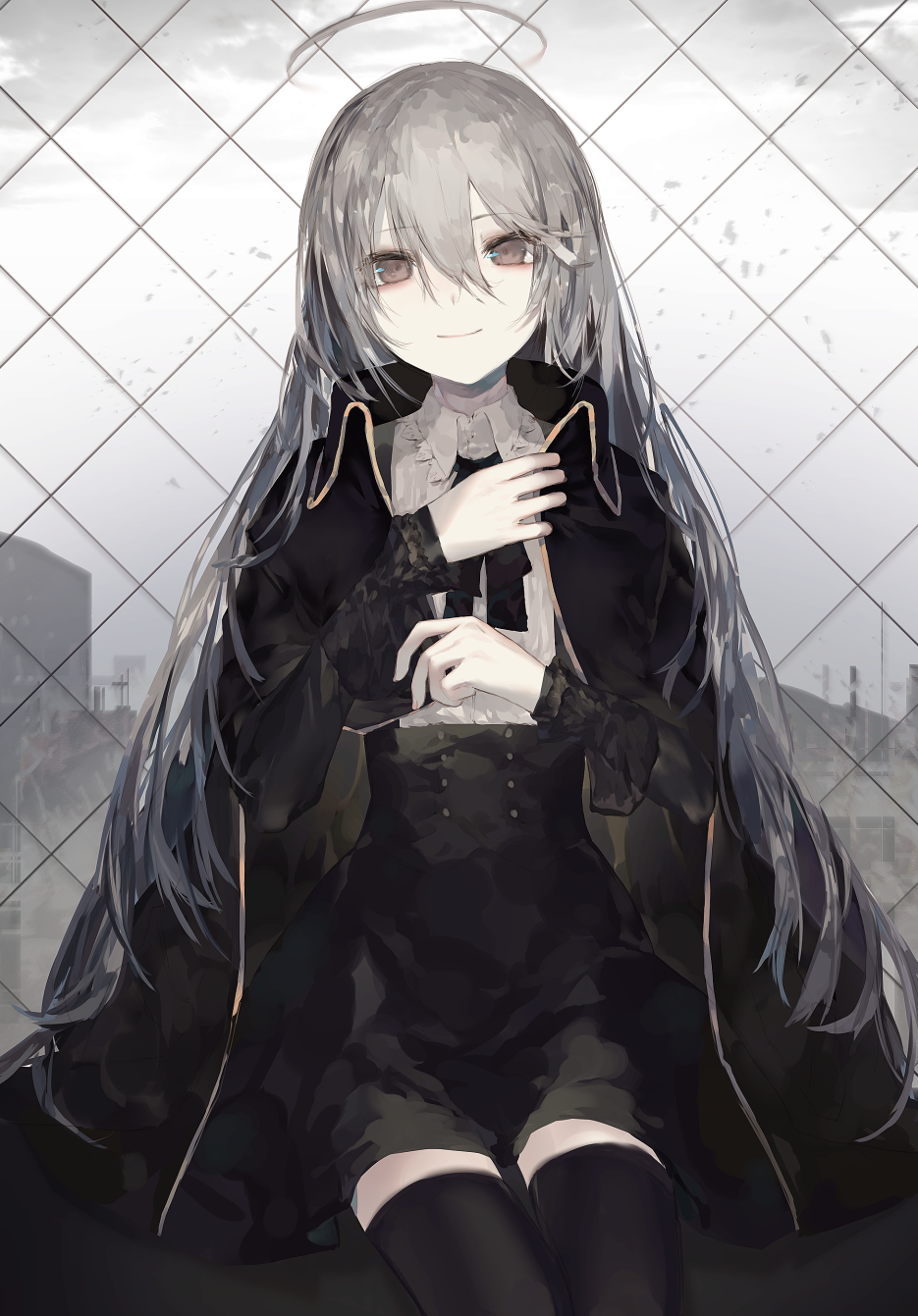 1girl absurdly_long_hair black_legwear brown_eyes capelet chain-link_fence cloak closed_mouth eyebrows_visible_through_hair fence grey_hair highres long_hair long_sleeves looking_at_viewer null1040 original outdoors sitting smile solo thigh-highs very_long_hair
