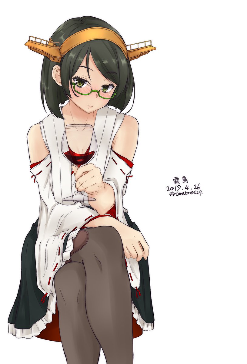 1girl bangs bare_shoulders black_hair black_skirt blush boots cup detached_sleeves drinking_glass drunk eyebrows_visible_through_hair green-framed_eyewear green_eyes headgear highres holding holding_cup kantai_collection kirishima_(kantai_collection) legs_crossed looking_at_viewer nontraditional_miko red_wine remodel_(kantai_collection) short_hair simple_background skirt smile solo swept_bangs thigh-highs thigh_boots timato white_background wine_glass