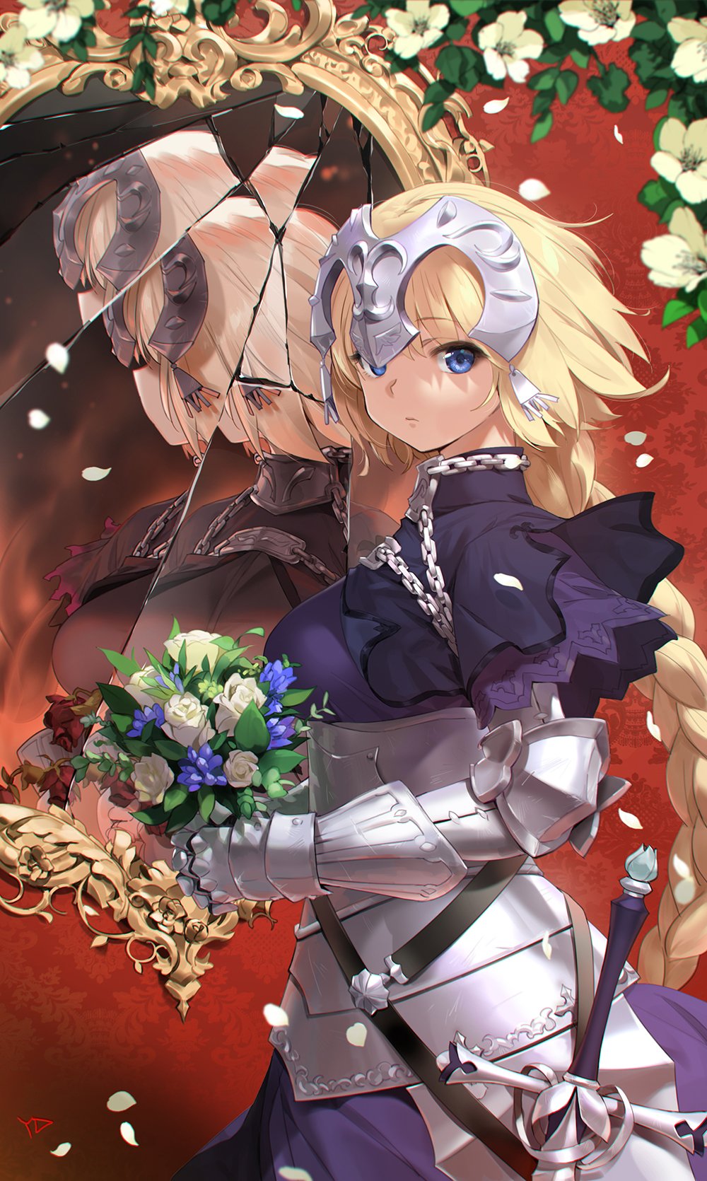 1girl armor blonde_hair blue_eyes bouquet braid eyebrows_visible_through_hair fate/apocrypha fate_(series) flower gauntlets headpiece highres jeanne_d'arc_(fate) jeanne_d'arc_(fate)_(all) looking_at_viewer mirror patterned_background petals red_background scabbard shattered sheath signature single_braid solo standing sword weapon yang-do