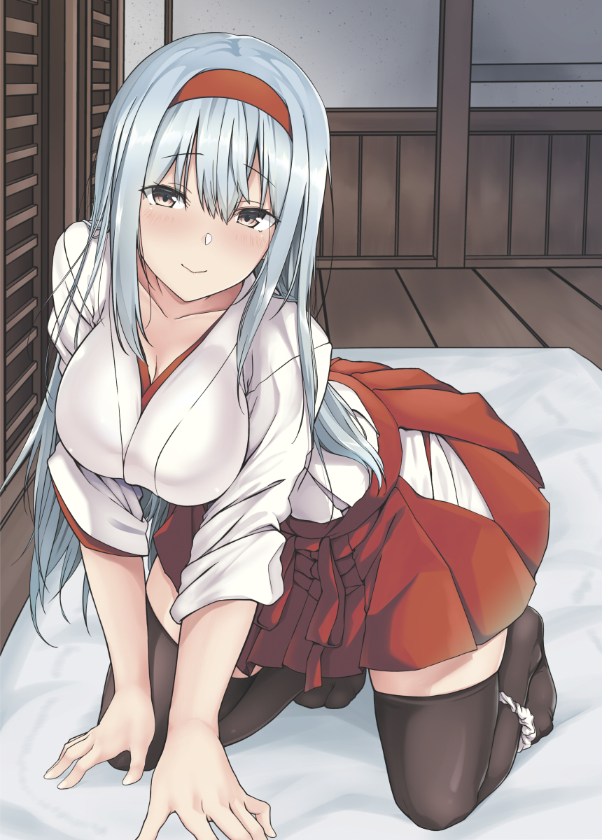 1girl all_fours bangs blush breasts brown_eyes closed_eyes eyebrows_visible_through_hair futon hairband headband highres hip_vent indoors japanese_clothes kantai_collection kimono long_hair miko panties panties_around_leg pleated_skirt red_skirt satou_samu shoukaku_(kantai_collection) sidelocks skirt sleeves_rolled_up smile thigh-highs underwear white_hair white_kimono white_panties