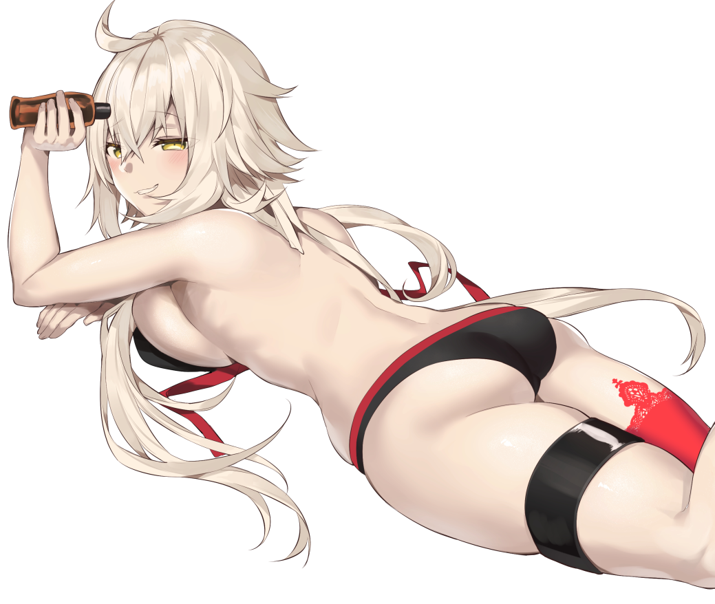 1girl ahoge ass bangs bikini black_bikini blush bottle breasts eyebrows_visible_through_hair fate_(series) hair_between_eyes holding holding_bottle itohana jeanne_d'arc_(alter_swimsuit_berserker) jeanne_d'arc_(fate)_(all) large_breasts long_hair looking_at_viewer lotion lying on_stomach red_legwear silver_hair simple_background single_thighhigh skindentation solo swimsuit thigh-highs thigh_strap untied untied_bikini very_long_hair white_background yellow_eyes
