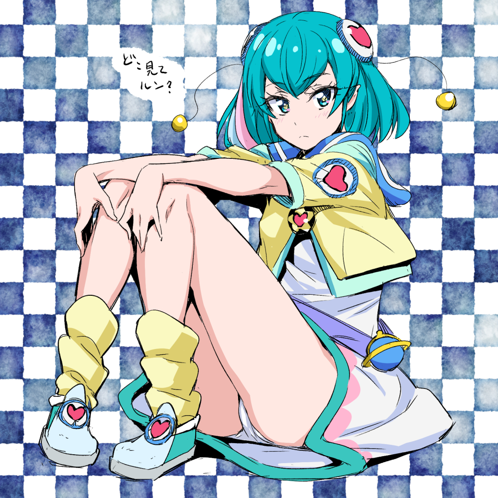 1girl blue_eyes blue_hair checkered checkered_background closed_mouth commentary_request eyebrows_visible_through_hair hagoromo_lala hands_on_own_knees heart legs looking_at_viewer nakahira_guy panties pantyshot pantyshot_(sitting) pointy_ears precure shoes short_hair short_sleeves sitting skirt socks solo star star-shaped_pupils star_twinkle_precure symbol-shaped_pupils thighs translated underwear white_panties white_skirt