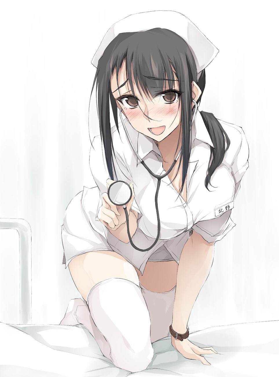 1girl :d black_hair blush breasts brown_eyes eyebrows_visible_through_hair hat highres kitano_(zekkyon) large_breasts looking_at_viewer name_tag nurse nurse_cap on_bed open_mouth original ponytail smile solo stethoscope thigh-highs watch watch white_legwear zekkyon