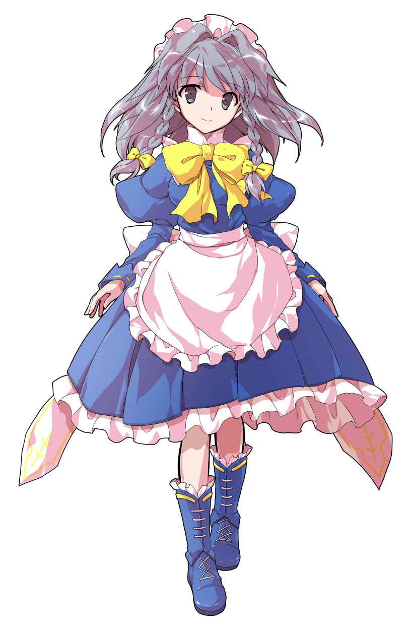 1girl alphes_(style) apron blue_dress blue_footwear boots bow braid breasts closed_mouth commentary_request cross-laced_footwear curiosities_of_lotus_asia dairi dress eyebrows_visible_through_hair frilled_apron frilled_dress frills full_body grey_eyes grey_hair hair_bow highres izayoi_sakuya juliet_sleeves lace-up_boots long_hair long_sleeves looking_at_viewer maid maid_headdress medium_breasts parody puffy_sleeves smile solo standing style_parody tachi-e touhou transparent_background twin_braids waist_apron white_apron yellow_bow