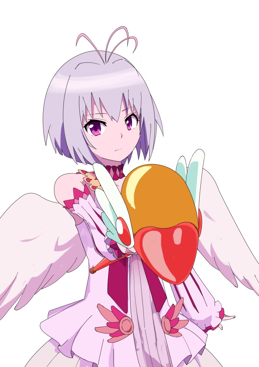 1girl antenna_hair arm_at_side bare_shoulders bird_wings choker commentary_request detached_sleeves dress expressionless eyebrows_visible_through_hair feathered_wings fitoria_(tate_no_yuusha_no_nariagari) foreshortening gobanme_no_mayoi_neko highres holding holding_wand lavender_hair layered_dress looking_at_viewer outstretched_arm short_hair simple_background solo standing tate_no_yuusha_no_nariagari upper_body violet_eyes wand white_background white_dress wings