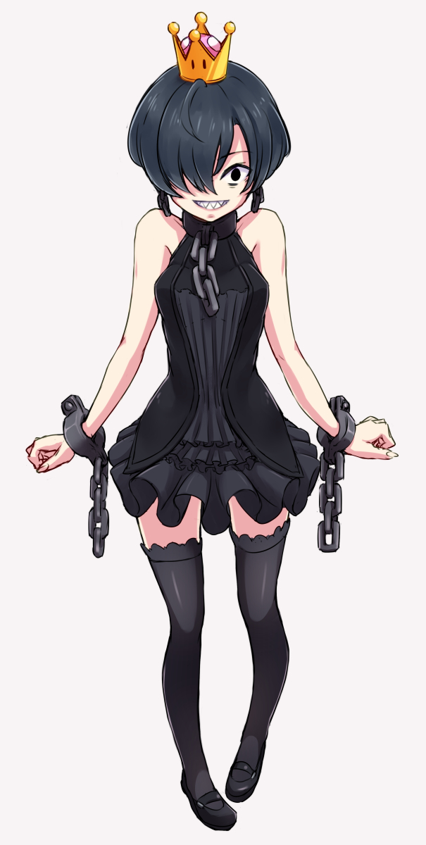 black_dress black_footwear black_hair black_legwear bob_cut chains choker cuffs dress earrings fingernails grin highres jewelry long_fingernails looking_at_viewer naruta_(m_rem) one_eye_covered princess_chain_chomp shackles sharp_teeth short_dress sleeveless sleeveless_dress smile super_crown teeth thigh-highs