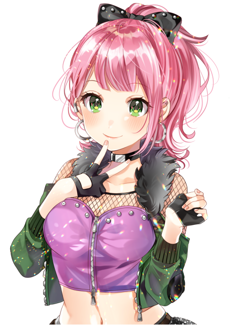 1girl alternate_hairstyle bang_dream! bangs black_bow black_choker black_gloves blunt_bangs blush bow choker crop_top earrings finger_to_mouth fingerless_gloves fishnets gloves green_eyes green_jacket hair_bow hand_up hoop_earrings ito22oji jacket jewelry long_sleeves looking_at_viewer midriff navel pink_hair ponytail purple_shirt shirt simple_background smile solo uehara_himari upper_body v white_background wrist_extended zipper