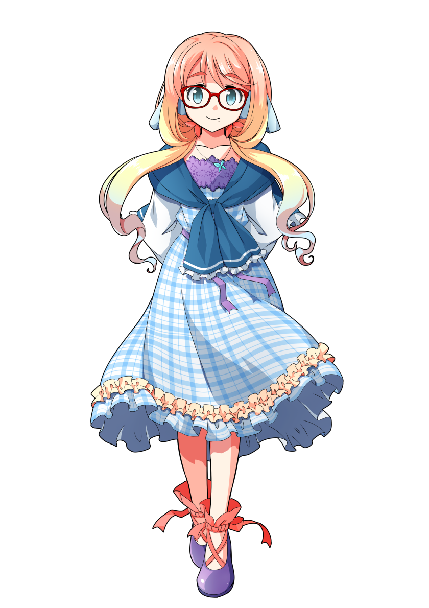 1girl ankle_lace-up arms_behind_back blonde_hair blue_dress blue_eyes closed_mouth collarbone commentary_request cross-laced_footwear dairi dress frilled_dress frills full_body glasses gradient_hair hair_ornament haruno_sora jewelry long_hair long_sleeves looking_at_viewer mole mole_under_mouth multicolored_hair orange_hair pendant plaid plaid_dress purple_footwear red-framed_eyewear red_ribbon ribbon smile solo standing tachi-e transparent_background vocaloid voiceroid