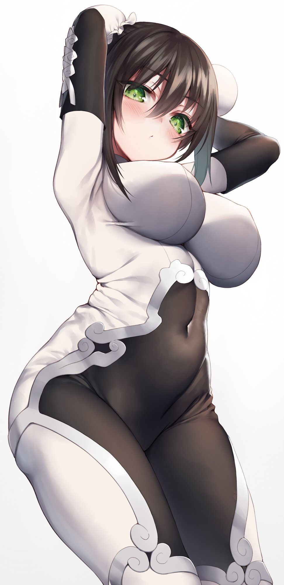 1girl armpits arms_behind_head arms_up bangs black_hair blush bodysuit breasts bun_cover chinese_clothes closed_mouth covered_navel cowboy_shot double_bun erect_nipples eyebrows_visible_through_hair fate/grand_order fate_(series) from_below gloves green_eyes hair_between_eyes highres himegi_you large_breasts looking_at_viewer looking_down qin_liangyu_(fate) sidelocks simple_background skin_tight solo standing white_background