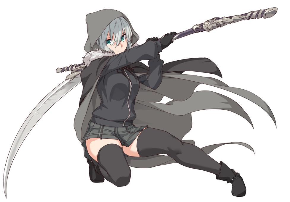 1girl black_footwear black_gloves black_jacket black_legwear black_skirt boots breasts cape character_request closed_mouth commentary_request copyright_request eyebrows_visible_through_hair gloves grey_eyes holding jacket long_sleeves looking_at_viewer medium_breasts scythe shiseki_hirame simple_background skirt solo sword thigh-highs weapon white_background white_hair