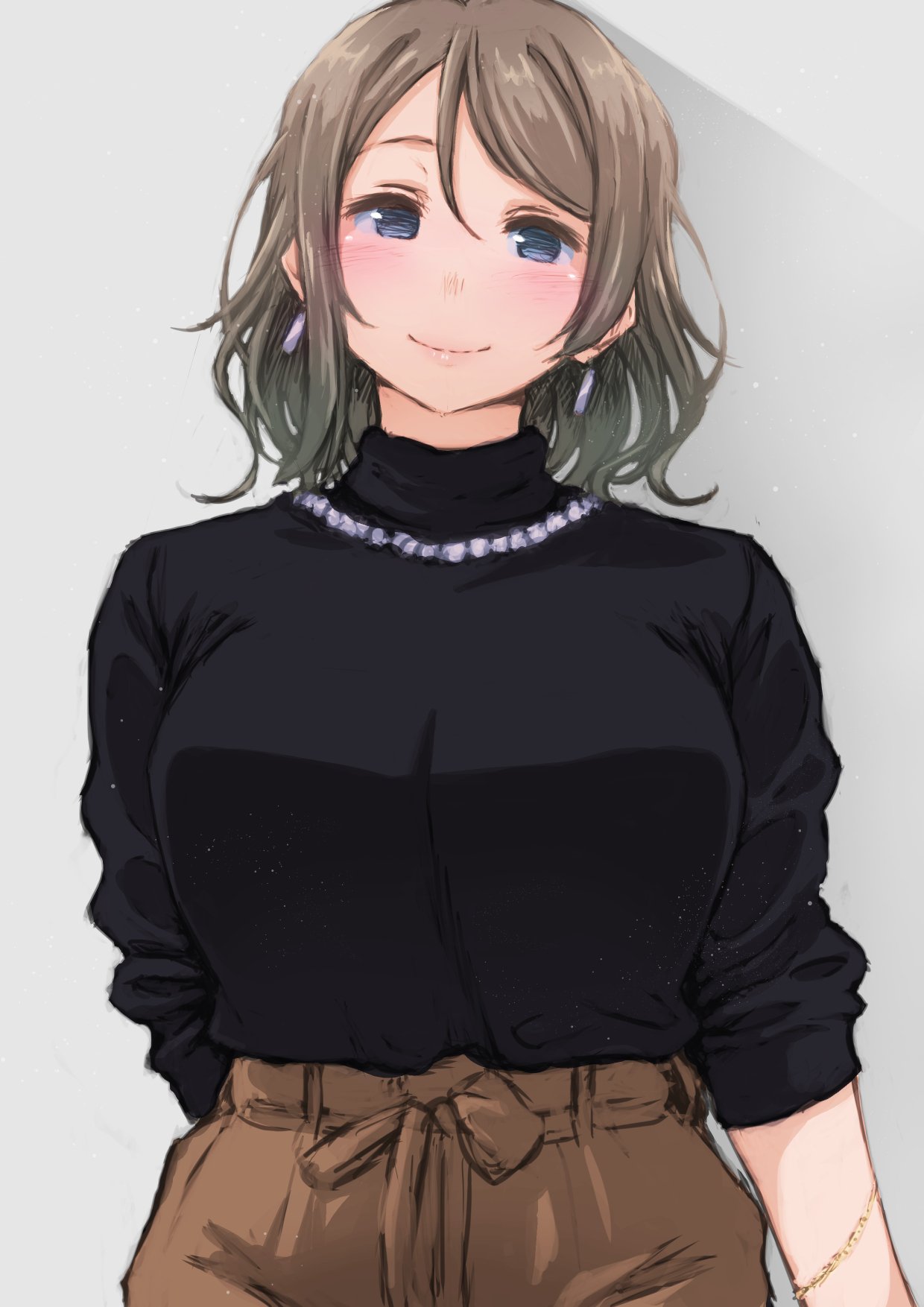 1girl arm_behind_back ayumu-k black_shirt blue_eyes bracelet breasts brown_pants earrings grey_background grey_hair highres jewelry large_breasts light_blush long_sleeves looking_at_viewer love_live! love_live!_sunshine!! necklace pants pearl_necklace shirt short_hair simple_background smile solo turtleneck watanabe_you