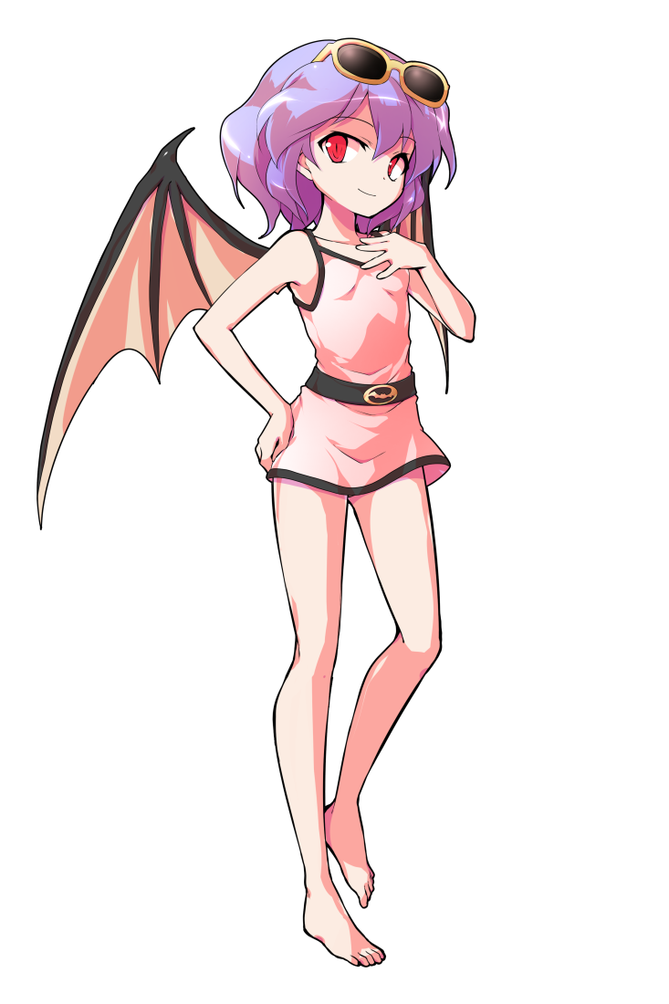 1girl alphes_(style) bare_arms bare_legs barefoot bat_wings breasts cage_in_lunatic_runagate casual_one-piece_swimsuit commentary_request dairi eyewear_on_head full_body hand_on_hip hand_on_own_chest looking_at_viewer one-piece_swimsuit parody pink_swimsuit purple_hair red_eyes remilia_scarlet short_hair silent_sinner_in_blue small_breasts smile solo standing style_parody sunglasses swimsuit tachi-e touhou transparent_background wings