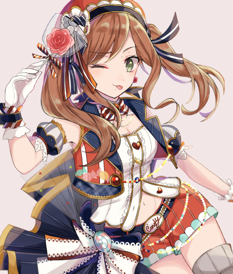 1girl ;p akym alternate_hairstyle bang_dream! beige_background belt bow bowtie breasts brown_hair candy center_frills cleavage commentary_request detached_collar detached_sleeves food gloves green_eyes hair_ribbon hat holding_lollipop imai_lisa jewelry lace-trimmed_sleeves lollipop long_hair looking_at_viewer navel necklace one_eye_closed red_neckwear red_shorts ribbon shirt shorts simple_background solo striped striped_neckwear striped_ribbon tongue tongue_out twintails vertical-striped_shorts vertical-striped_vest vertical_stripes vest white_gloves white_shirt wrist_cuffs