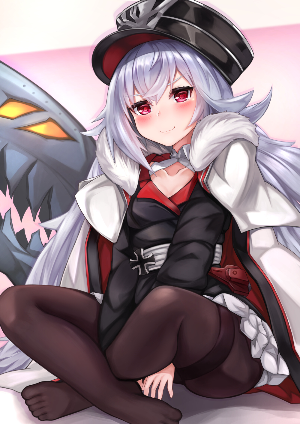 azur_lane bangs between_legs black_headwear black_legwear blush cape eyebrows_visible_through_hair fur_trim gloves graf_zeppelin_(azur_lane) hand_between_legs hat highres iron_cross long_hair long_sleeves looking_at_viewer military_hat no_shoes pantyhose peaked_cap pleated_skirt red_eyes rigging ryara_vivi silver_hair sitting skirt smile very_long_hair white_skirt younger zeppelin-chan_(azur_lane)