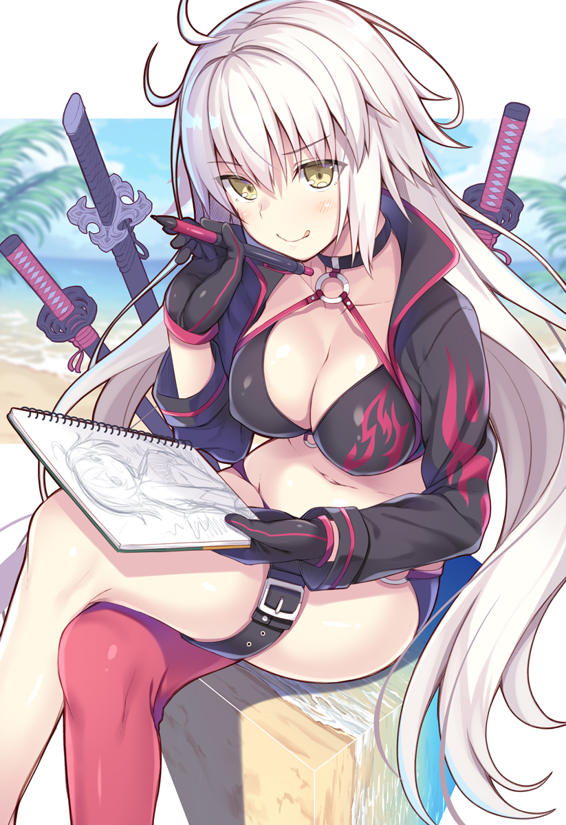 1girl :q ahoge bangs beach bikini black_bikini black_gloves black_jacket blurry blurry_background blush breasts choker cleavage commentary_request day eyebrows_visible_through_hair fate/grand_order fate_(series) gloves hair_between_eyes highres holding holding_notepad holding_pen jacket jeanne_d'arc_(alter_swimsuit_berserker) jeanne_d'arc_(fate)_(all) katana large_breasts legs_crossed long_hair looking_at_viewer multiple_swords nozomi_tsubame o-ring o-ring_bikini outdoors pen red_legwear shrug_(clothing) silver_hair single_thighhigh sitting smile solo swimsuit sword thigh-highs tongue tongue_out very_long_hair weapon yellow_eyes