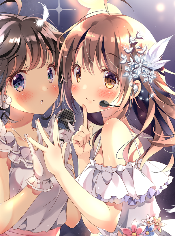 2girls ahoge bangs black_hair blush brown_eyes brown_hair commentary_request dress earrings feathers flower flower_earrings frilled_gloves frills gloves hair_feathers hands_together headset holding holding_microphone index jewelry long_hair looking_at_viewer looking_back microphone multiple_girls original pan_(mimi) parted_lips smile upper_body white_feathers white_gloves