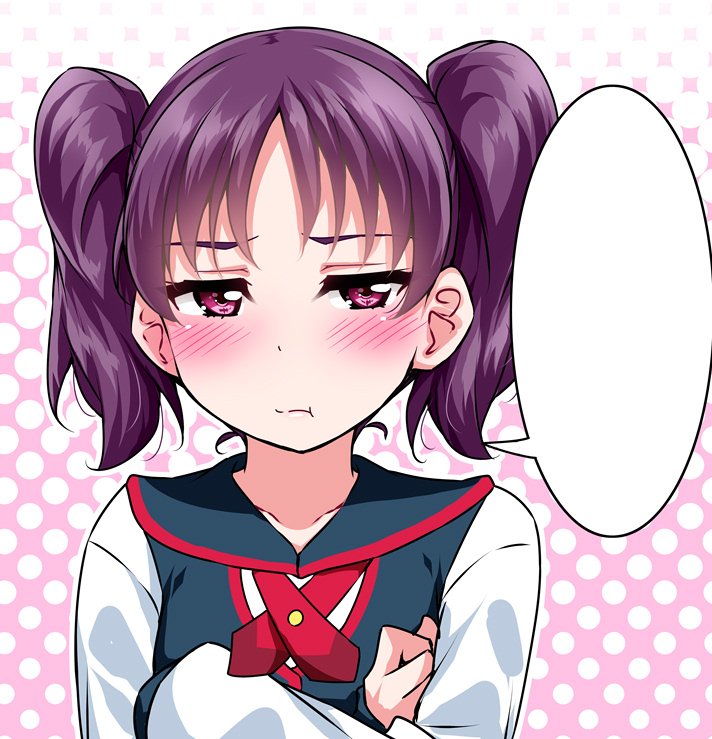 1girl :t bangs blank_speech_bubble blush commentary_request crossed_arms exploitable halftone halftone_background kazuno_leah long_sleeves looking_at_viewer love_live! love_live!_sunshine!! neck_ribbon purple_hair red_neckwear ribbon solo speech_bubble twintails upper_body violet_eyes yopparai_oni