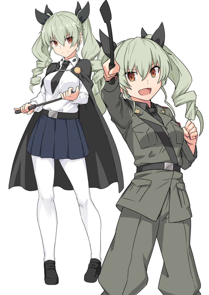1girl anchovy black_bow black_cape black_footwear black_neckwear black_skirt bow breasts brown_eyes cape commentary_request drill_hair eyebrows_visible_through_hair girls_und_panzer hair_between_eyes hair_bow hair_ornament holding jacket long_hair looking_at_viewer medium_breasts multiple_views necktie open_mouth pantyhose shirt shiseki_hirame shoes simple_background skirt smile twintails uniform white_background white_legwear white_shirt