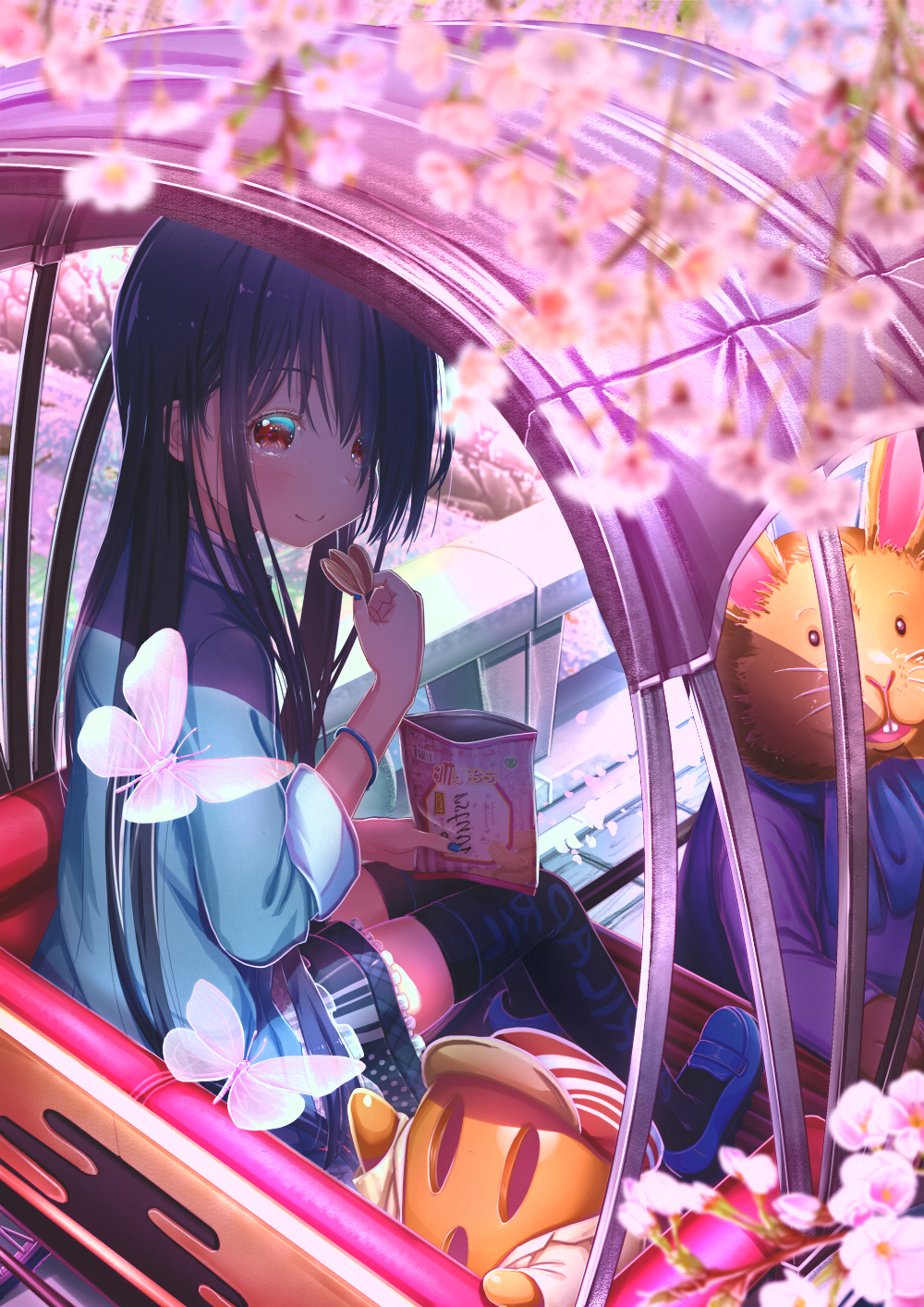 0_0 1girl abo_(kawatasyunnnosukesabu) animal bangs black_hair blue_footwear blue_jacket blue_nails bracelet bug butterfly cherry_blossoms chips clothed_animal clothes_writing commentary_request day eating food haniwa_(statue) highres insect jacket jewelry long_hair long_sleeves looking_at_another nail_polish original outdoors potato_chips rabbit reaching red_eyes sitting skirt smile spring_(season) thigh-highs zettai_ryouiki