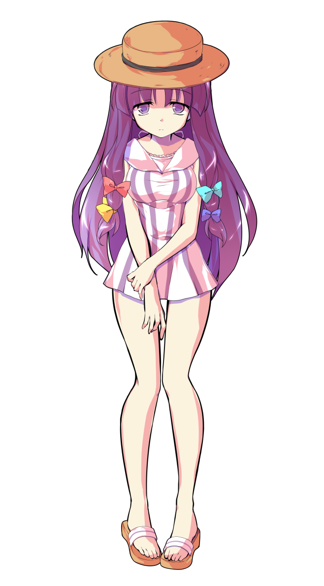 1girl alphes_(style) bare_legs blue_bow boater_hat bow breasts closed_mouth commentary_request dairi dress eyebrows_visible_through_hair full_body hair_bow hat legs_together long_hair looking_down medium_breasts parody patchouli_knowledge purple_bow purple_hair red_bow sandals short_dress sleeveless sleeveless_dress solo standing striped striped_dress style_parody tachi-e touhou transparent_background vertical-striped_dress vertical_stripes violet_eyes wrist_grab yellow_bow