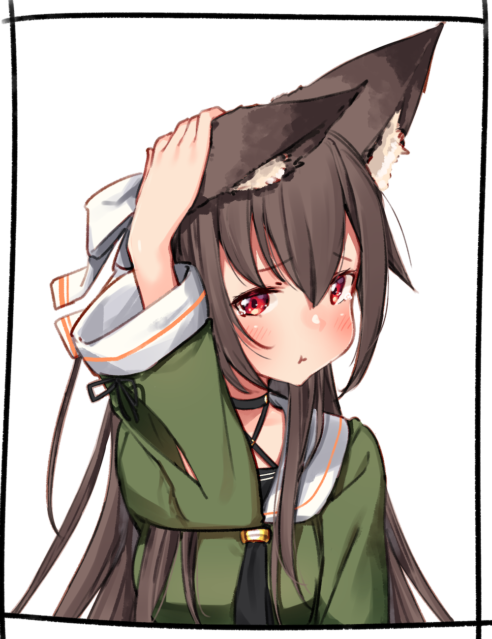 .live :t animal_ear_fluff animal_ears arm_up bangs black_choker black_neckwear blush brown_hair choker closed_mouth eyebrows_visible_through_hair green_shirt hair_between_eyes hand_on_ear highres kei_(soundcross) long_hair long_sleeves pout red_eyes sailor_collar shirt tears very_long_hair virtual_youtuber white_sailor_collar wide_sleeves yaezawa_natori