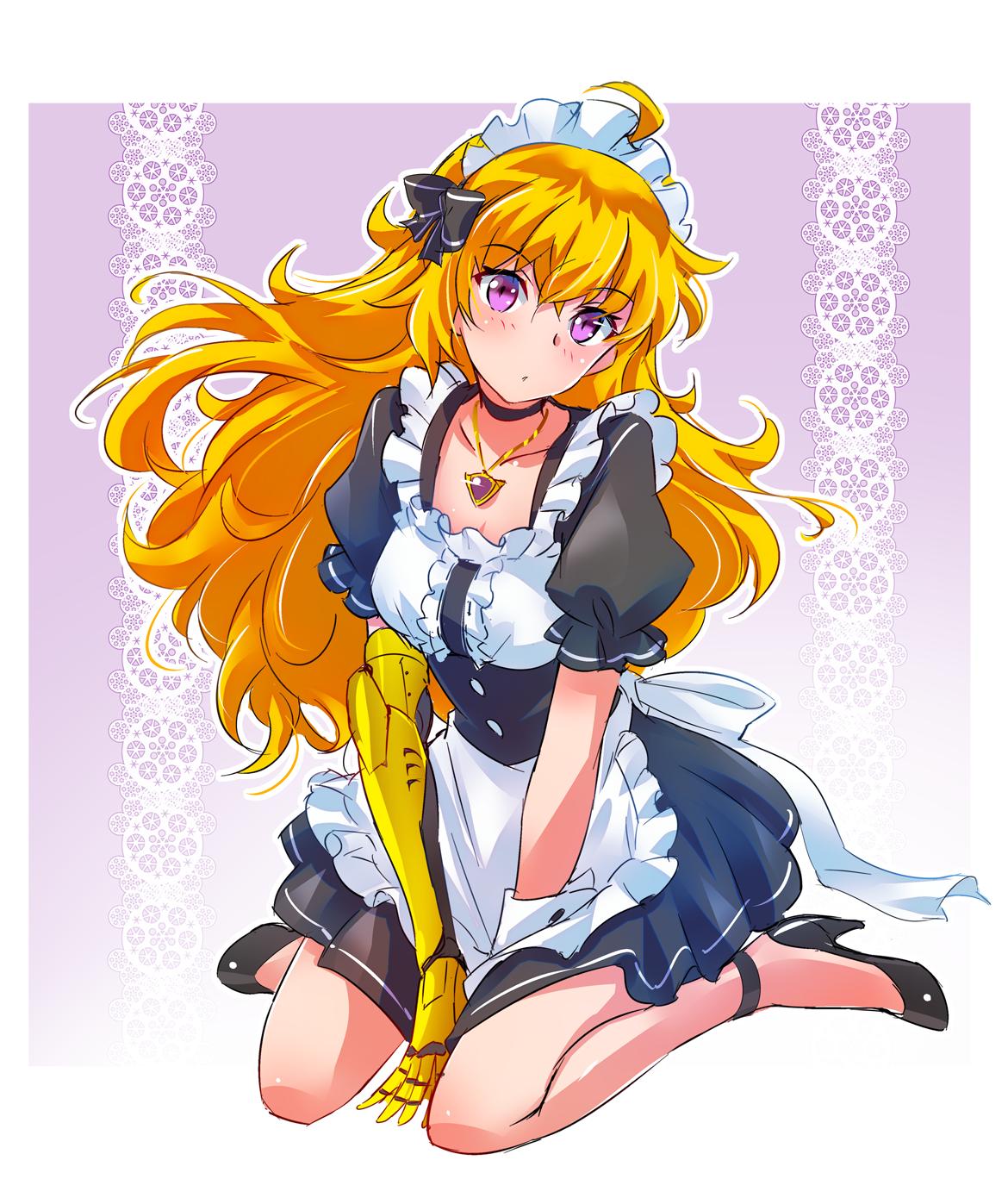 1girl ahoge alternate_costume apron black_dress blonde_hair blush breasts dress enmaided frilled_apron frills full_body high_heels highres iesupa jewelry long_hair looking_at_viewer maid maid_apron maid_headdress medium_breasts pendant puffy_short_sleeves puffy_sleeves rwby short_sleeves sitting solo violet_eyes waist_apron wavy_hair white_apron wrist_cuffs yang_xiao_long
