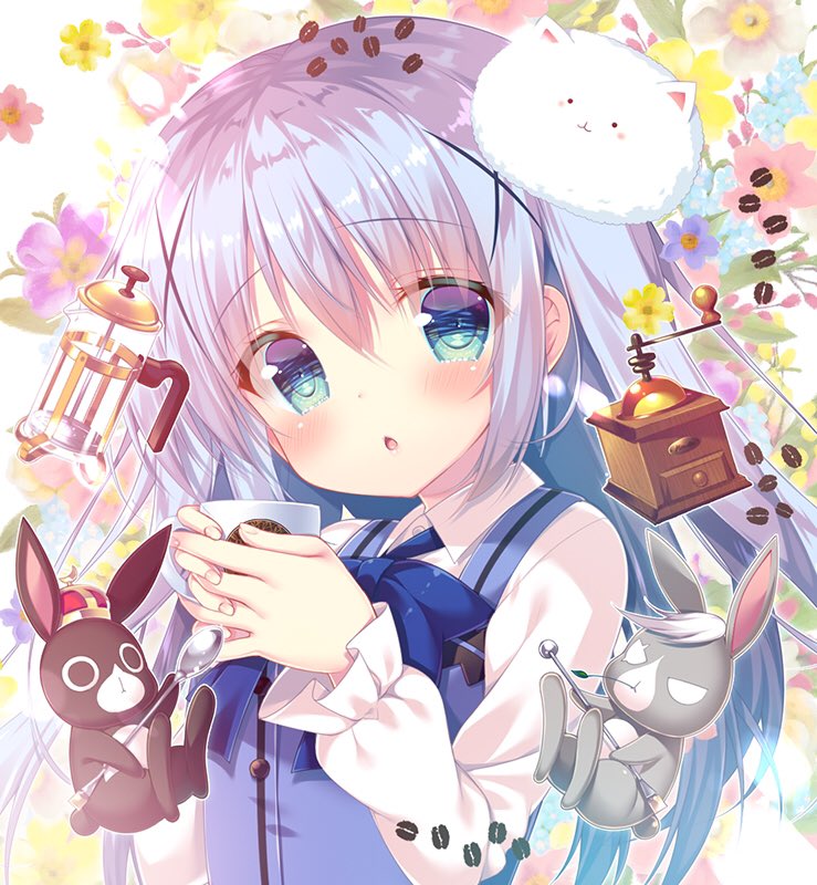 1girl :o angora_rabbit animal anko_(gochiusa) bangs blue_dress blue_eyes blue_hair blue_neckwear blush bow bowtie coffee_beans coffee_grinder coffee_press collared_shirt commentary_request crown cup dress floral_background frilled_sleeves frills gochuumon_wa_usagi_desu_ka? hair_ornament holding holding_cup kafuu_chino long_hair long_sleeves looking_at_viewer mitsumomo_mamu mug pinafore_dress rabbit shirt solo spoon tippy_(gochiusa) upper_body wild_geese x_hair_ornament