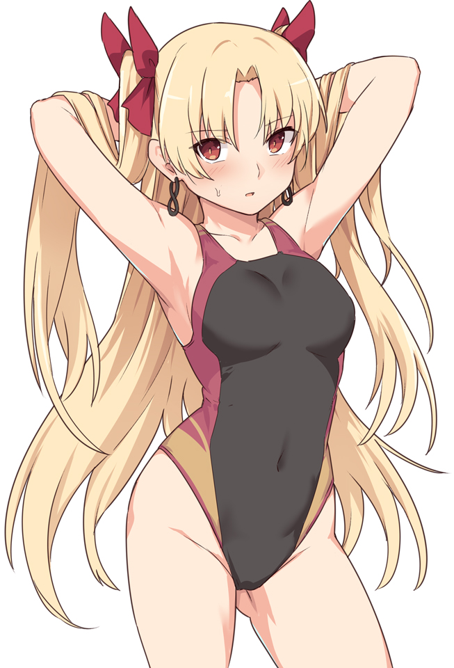 1girl armpits arms_behind_head bangs black_swimsuit blonde_hair breasts collarbone competition_swimsuit contrapposto covered_navel earrings ereshkigal_(fate/grand_order) fate/grand_order fate_(series) hair_ribbon hoop_earrings jewelry long_hair looking_at_viewer one-piece_swimsuit parted_bangs red_eyes red_ribbon ribbon shiseki_hirame simple_background small_breasts solo swimsuit two_side_up white_background