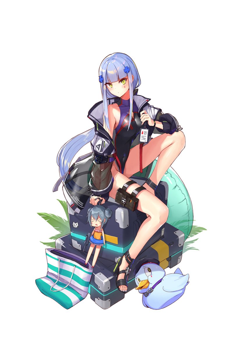 1girl assault_rifle bag bangs bare_shoulders beret black_footwear black_headwear blunt_bangs blush box breasts case character_name closed_eyes competition_swimsuit double_bun eyebrows_visible_through_hair facial_mark g11_(girls_frontline) girls_frontline green_eyes groin gun h&amp;k_g11 hair_ornament hat high_heels highres hk416_(girls_frontline) innertube jacket knee_up large_breasts long_hair looking_at_viewer multicolored multicolored_clothes multicolored_swimsuit name_tag one-piece_swimsuit open_clothes open_jacket palm_leaf pouch ranyu rifle sandals see-through silver_hair simple_background solo swimsuit teardrop thigh_strap thighs very_long_hair weapon white_background wristband