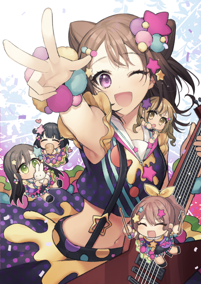 5girls :d ;d ^_^ animal armpits bang_dream! bangs black_hair blonde_hair brown_hair chibi chocolate_cornet closed_eyes closed_eyes commentary_request confetti crop_top drumsticks earrings electric_guitar food gambe green_eyes guitar hair_flaps hair_ornament hair_ribbon hanazono_tae heart holding holding_animal ichigaya_arisa instrument jewelry minigirl multiple_girls navel on_shoulder one_eye_closed open_mouth outstretched_arm paint_stains polka_dot_skirt pom_pom_(clothes) poppin'party rabbit ribbon short_hair smile star star_hair_ornament striped suspenders toyama_kasumi twintails ushigome_rimi v-shaped_eyebrows violet_eyes w yamabuki_saaya yellow_eyes yellow_ribbon