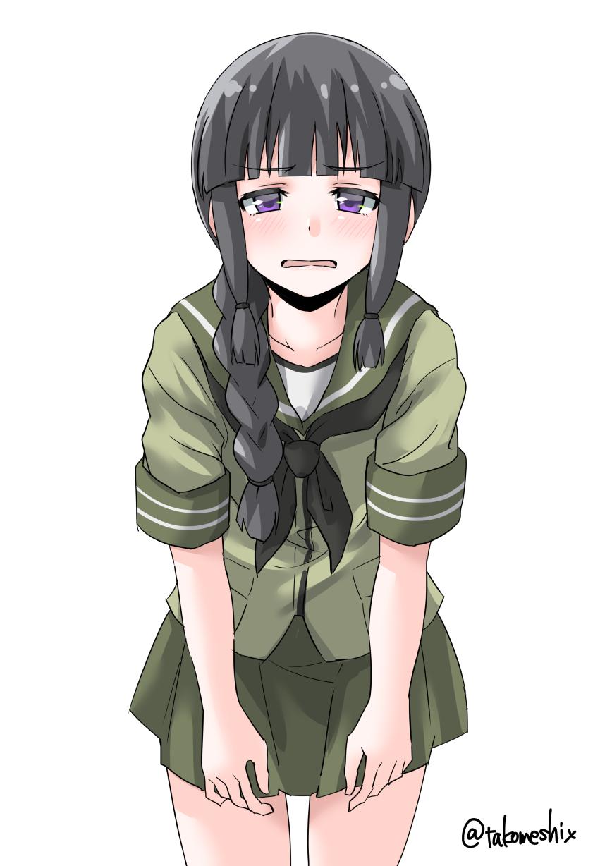 1girl bangs black_hair black_neckwear blunt_bangs braid cowboy_shot green_skirt hair_over_shoulder highres kantai_collection kitakami_(kantai_collection) leaning_forward long_hair looking_at_viewer neckerchief open_mouth pleated_skirt school_uniform serafuku short_sleeves sidelocks simple_background single_braid skirt solo standing takomeshi twitter_username violet_eyes white_background