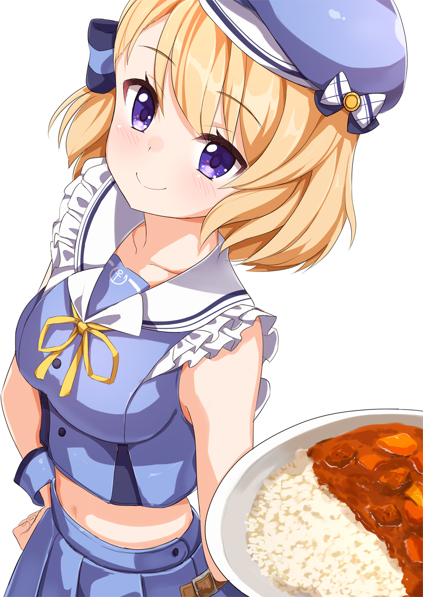 1girl ame. anchor_symbol azur_lane bangs beret blonde_hair blue_bow blue_headwear blue_serafuku blue_shirt blue_skirt blush bow breasts closed_mouth collarbone commentary_request curry curry_rice eyebrows_visible_through_hair fingernails food hair_bow hand_on_hip hat highres holding holding_plate medium_breasts midriff neck_ribbon plate pleated_skirt ribbon rice sailor_collar school_uniform serafuku shirt simple_background skirt sleeveless sleeveless_shirt smile solo striped striped_bow violet_eyes white_background white_sailor_collar wrist_cuffs yellow_ribbon z23_(azur_lane)