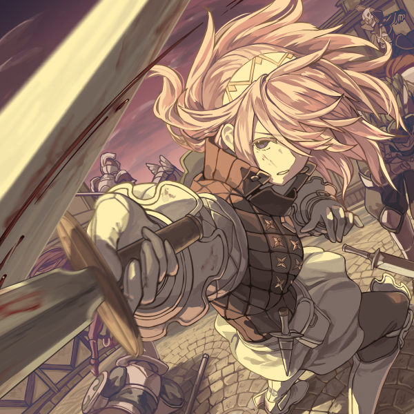 1girl armor blood clouds dagger fire_emblem fire_emblem_if gloves hair_over_one_eye hairband helmet holding holding_sword holding_weapon long_hair long_sleeves mooncanopy nintendo outdoors parted_lips pink_hair pouch sheath shield sky soleil_(fire_emblem_if) solo_focus sword weapon white_gloves