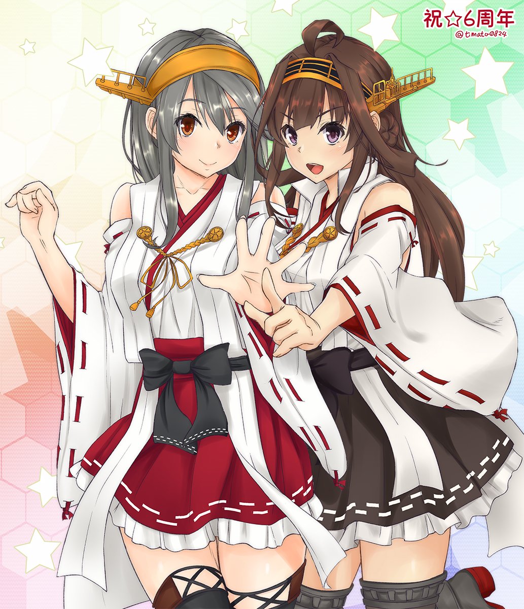 &gt;:d 2girls :d ahoge anniversary bare_shoulders boots brown_eyes brown_hair cowboy_shot detached_sleeves double_bun grey_hair haruna_(kantai_collection) headgear highres japanese_clothes kantai_collection kongou_(kantai_collection) leg_up long_hair looking_at_viewer multiple_girls nontraditional_miko open_mouth red_skirt remodel_(kantai_collection) skirt smile star thigh-highs thigh_boots timato twitter_username v-shaped_eyebrows violet_eyes