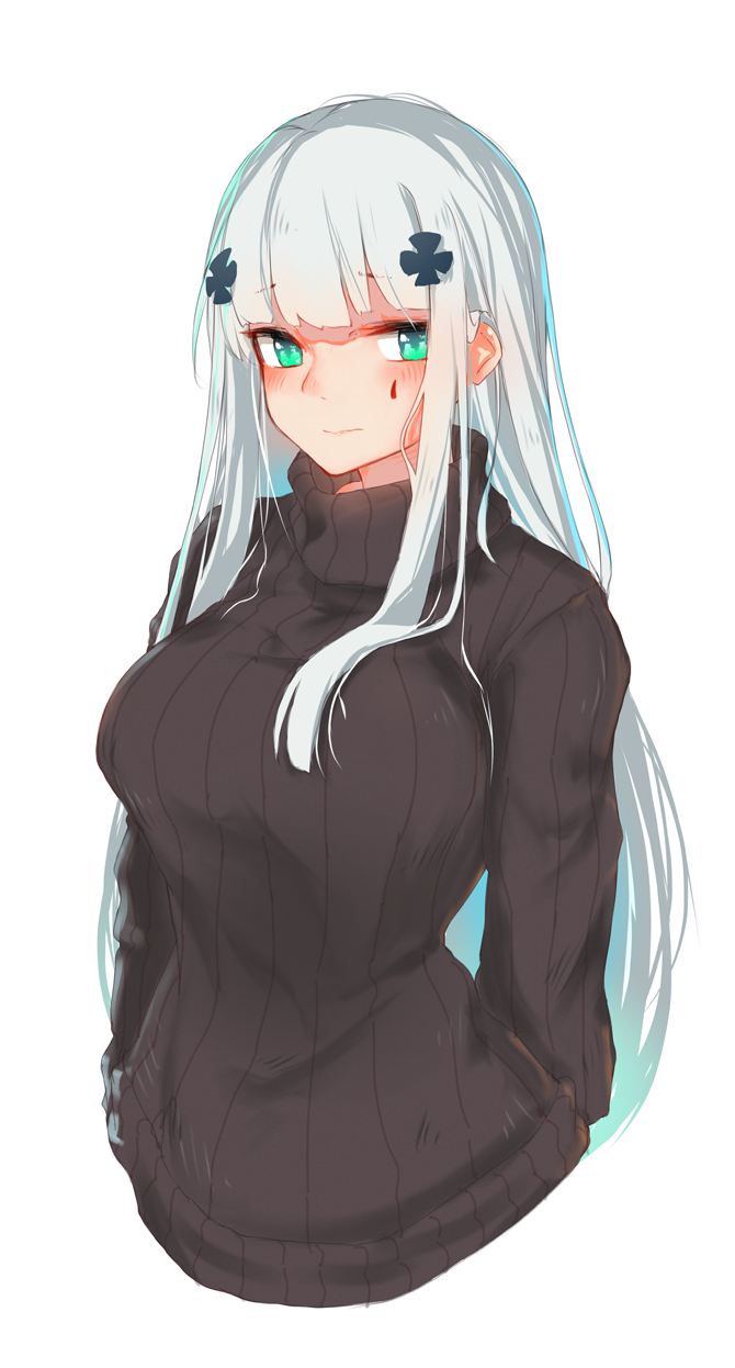 1girl bangs black_sweater blush breasts casual closed_mouth commentary_request cropped_torso eyebrows_visible_through_hair facial_hair girls_frontline green_eyes hair_ornament highres hk416_(girls_frontline) inniyik long_hair long_sleeves looking_at_viewer medium_breasts ribbed_sweater sidelocks silver_hair simple_background solo sweater upper_body very_long_hair white_background