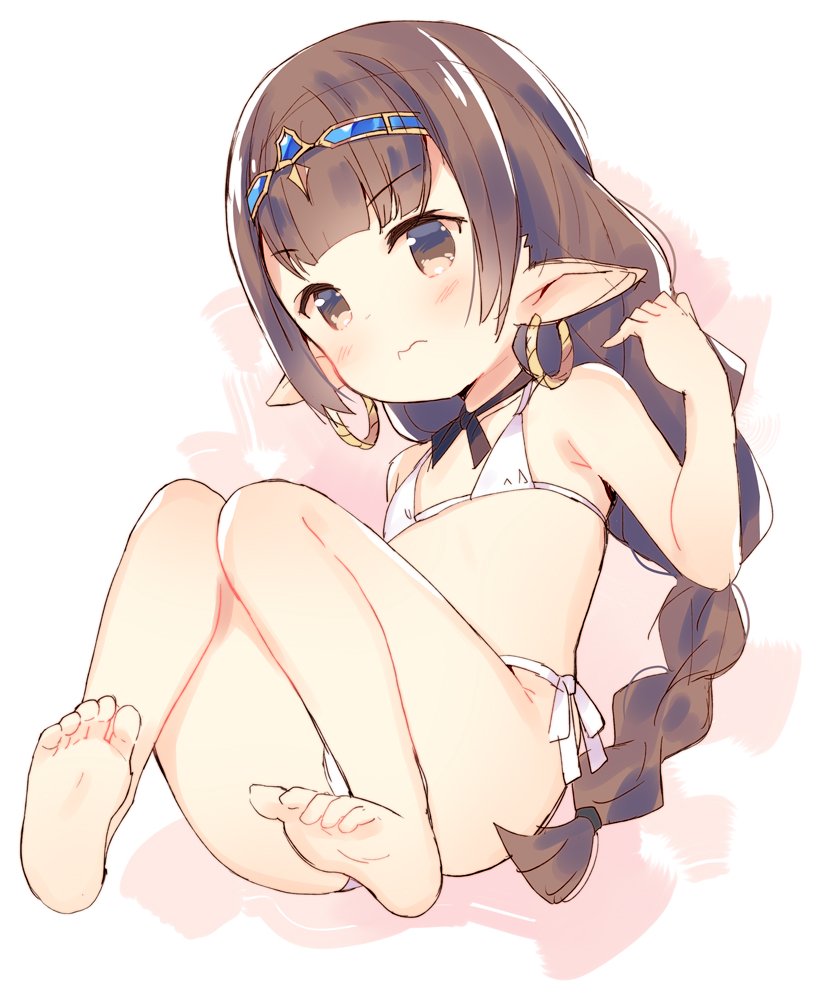 1girl bangs bare_arms bare_legs bare_shoulders barefoot bikini blush braid brown_eyes brown_hair closed_mouth commentary_request earrings eyebrows_visible_through_hair full_body granblue_fantasy haaselila hand_up harvin headpiece hoop_earrings jewelry long_hair meito_(maze) pointy_ears side-tie_bikini single_braid soles solo swimsuit very_long_hair wavy_mouth white_bikini