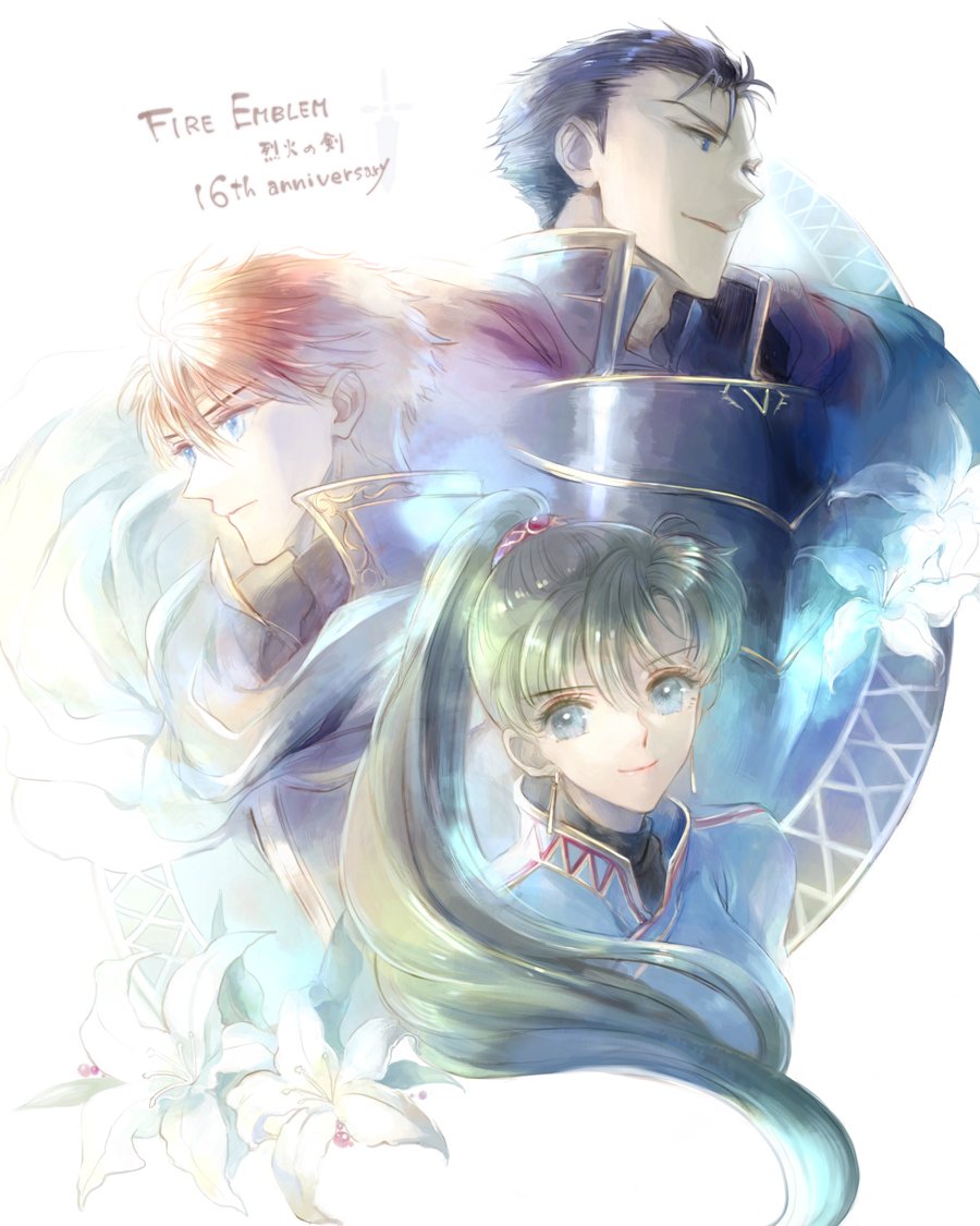 1girl 2boys anniversary armor blue_eyes blue_hair closed_mouth copyright_name earrings eliwood_(fire_emblem) fire_emblem fire_emblem:_rekka_no_ken flower green_eyes green_hair hector_(fire_emblem) jewelry kuzumosu long_hair lyndis_(fire_emblem) multiple_boys nintendo ponytail redhead short_hair simple_background white_background