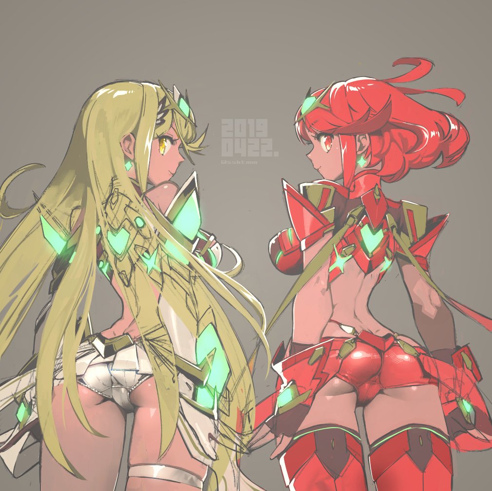 2girls armor ass bangs blonde_hair breasts cleavage_cutout covered_navel earrings fingerless_gloves fujimoto_hideaki gem gloves headpiece mythra_(xenoblade) pyra_(xenoblade) jewelry large_breasts long_hair looking_at_viewer multiple_girls nintendo panties red_eyes red_shorts redhead short_hair shorts shoulder_armor simple_background swept_bangs thigh_strap tiara underwear white_panties xenoblade_(series) xenoblade_2 yellow_eyes