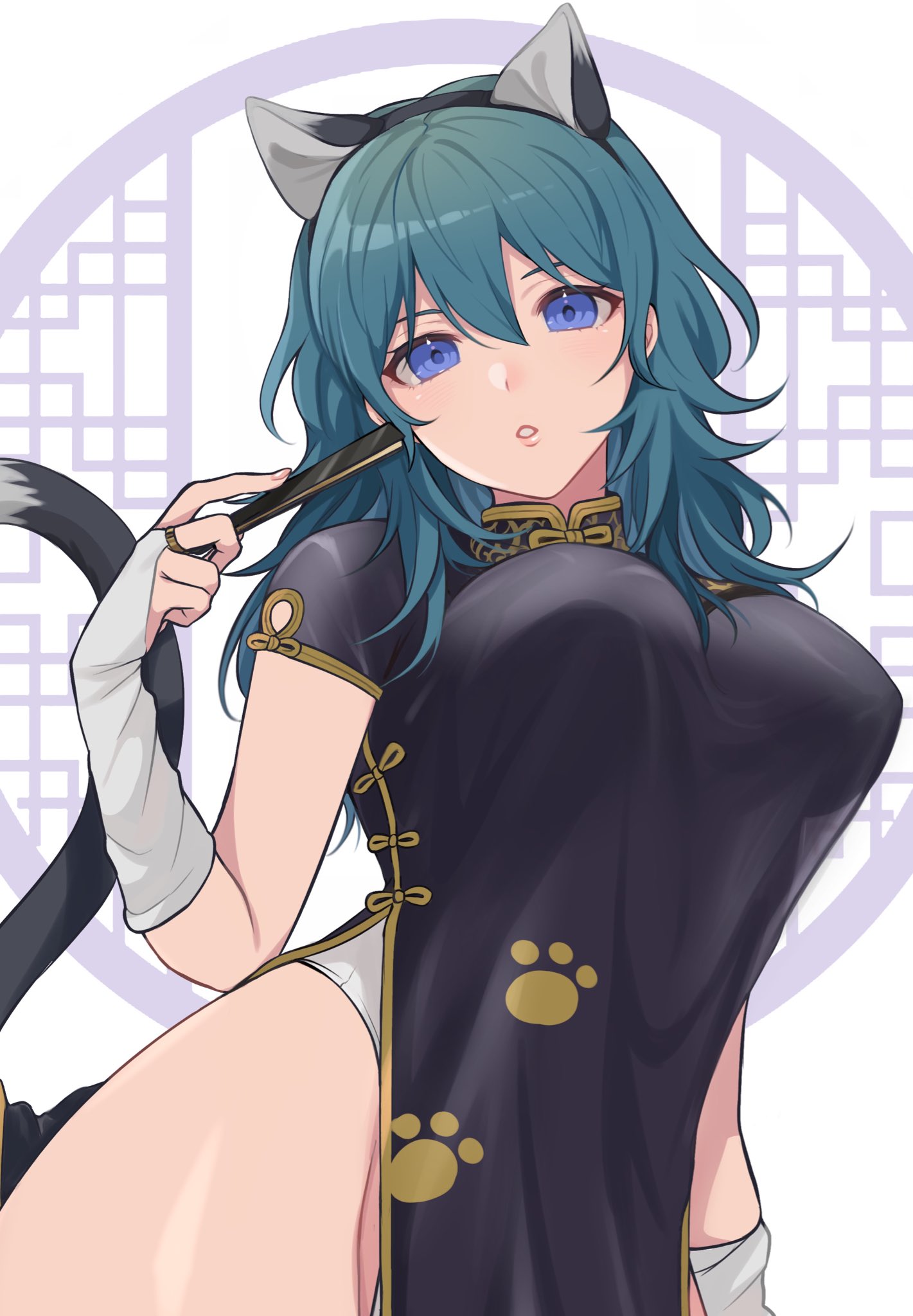 1girl :o animal_ears banned_artist bare_hips blue_eyes blue_hair byleth_(fire_emblem) byleth_eisner_(female) china_dress chinese_clothes collared_dress dress elbow_gloves fire_emblem fire_emblem:_three_houses gloves hairband hand_fan highres leotard leotard_under_clothes looking_at_viewer shimizu_akina side_slit tail white_leotard