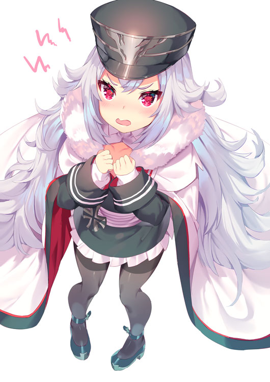 aguy azur_lane breasts cape cleavage_cutout frown graf_zeppelin_(azur_lane) hand_on_own_chest hat iron_cross military military_uniform open_mouth pantyhose peaked_cap pleated_skirt red_eyes silver_hair skirt small_breasts uniform younger zeppelin-chan_(azur_lane)