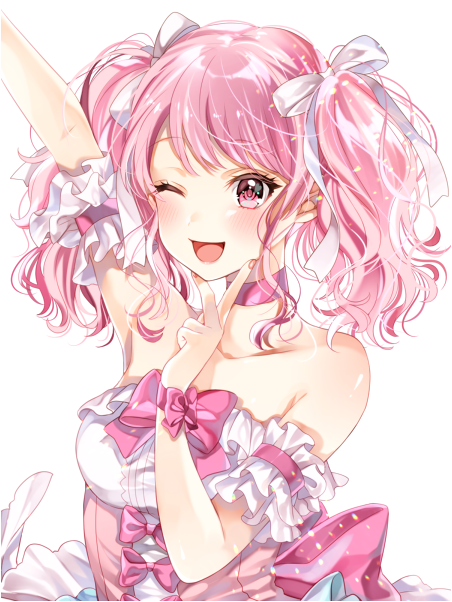 1girl ;d arm_up bang_dream! blush bow bowtie choker detached_sleeves hair_ribbon hand_on_own_chin ito22oji looking_at_viewer maruyama_aya nail_polish one_eye_closed open_mouth pink_bow pink_choker pink_eyes pink_hair pink_nails pink_neckwear ribbon simple_background smile solo twintails upper_body v white_background white_ribbon wrist_bow