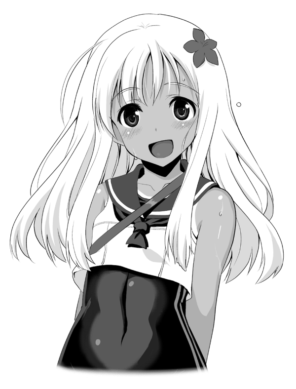 1girl :d arms_behind_back bangs bare_shoulders blush commentary_request covered_navel crop_top eyebrows_visible_through_hair flower greyscale hair_between_eyes hair_flower hair_ornament kantai_collection kyougoku_shin long_hair looking_at_viewer monochrome one-piece_swimsuit one-piece_tan open_mouth ro-500_(kantai_collection) sailor_collar school_swimsuit school_uniform serafuku simple_background smile solo swimsuit swimsuit_under_clothes tan tanline upper_body