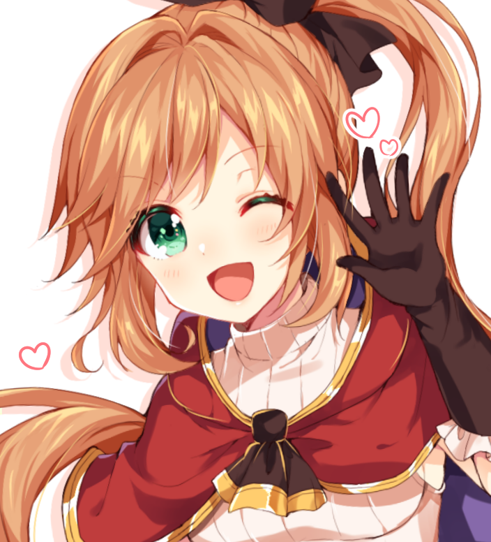 1girl ;d bangs black_gloves black_ribbon blush brown_hair capelet clarisse_(granblue_fantasy) drop_shadow elbow_gloves gloves granblue_fantasy green_eyes hair_intakes hair_ribbon hand_up heart long_hair looking_at_viewer nameneko_(124) one_eye_closed open_mouth orange_hair red_capelet ribbed_sweater ribbon side_ponytail sidelocks smile solo sweater upper_body white_background white_sweater