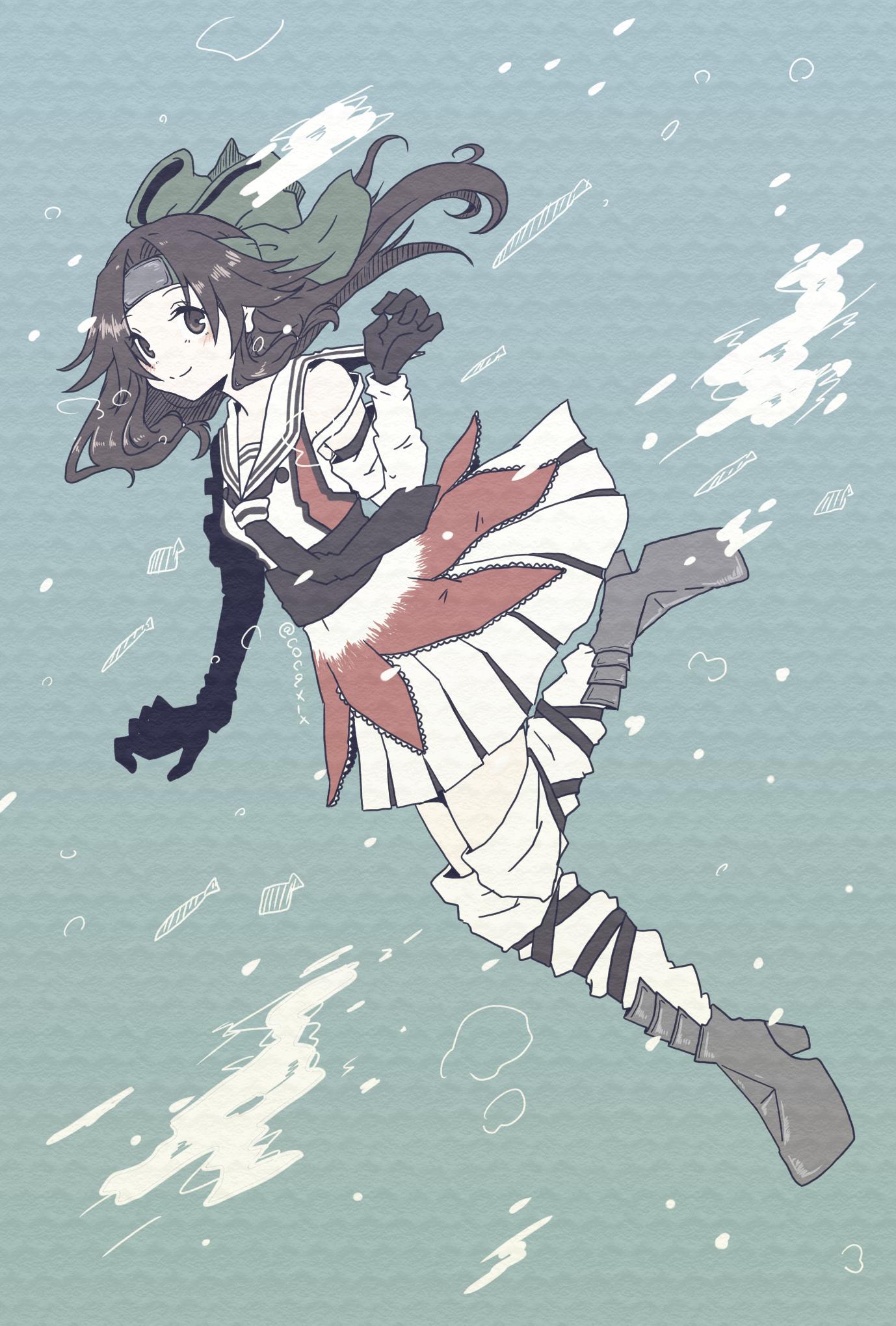 1girl air_bubble black_gloves blue_background brown_eyes brown_hair bubble cocax_x detached_sleeves disconnected_mouth elbow_gloves forehead_protector full_body gloves hair_intakes half_updo headband highres jintsuu_(kantai_collection) kantai_collection long_hair looking_at_viewer platform_footwear remodel_(kantai_collection) school_uniform serafuku smile solo thigh-highs white_legwear