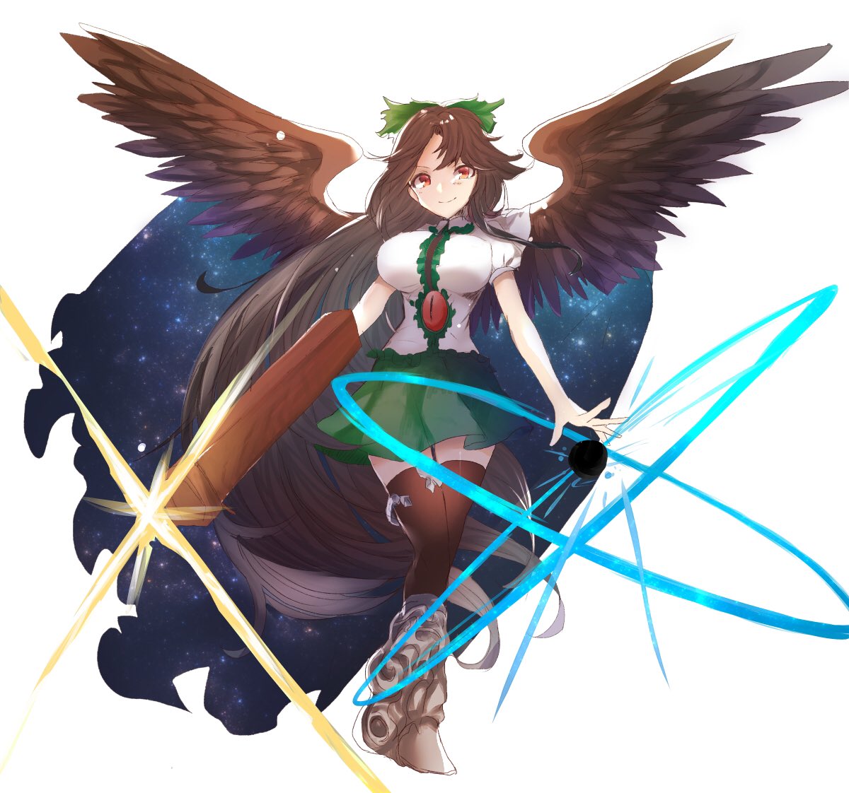 1girl absurdly_long_hair arm_cannon bird_wings black_wings bow breasts brown_hair cape dress energy_ball frills full_body granblue_fantasy_(style) large_breasts long_hair looking_at_viewer puffy_short_sleeves puffy_sleeves red_eyes reiuji_utsuho ribbon shirt short_sleeves sidelocks smile solo thigh-highs third_eye touhou tsukikusa very_long_hair weapon white_background white_cape white_shirt wings