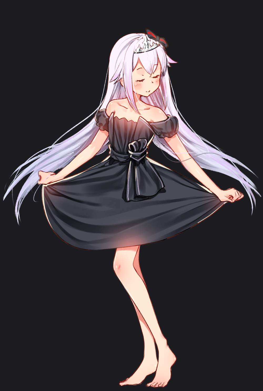 .live 1girl barefoot black_background black_bow black_dress bow carro_pino collarbone dress full_body hair_bow hair_flaps highres kei_(soundcross) long_hair multicolored_hair off-shoulder_dress off_shoulder puffy_short_sleeves puffy_sleeves purple_hair short_sleeves silver_hair skirt_hold solo standing streaked_hair striped striped_bow tiara very_long_hair virtual_youtuber