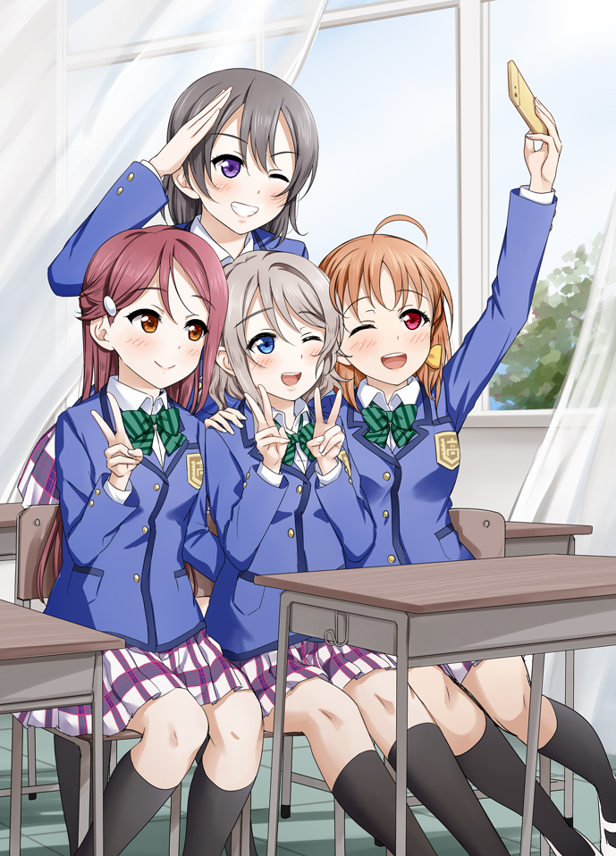 4girls ;d ahoge bangs black_hair blazer blue_eyes blue_jacket blush bow bowtie cellphone chair classroom commentary_request curtains day desk double_v green_neckwear grey_hair grin hair_bow hair_ornament hairclip hand_on_another's_shoulder holding holding_phone indoors jacket kneehighs long_sleeves love_live! love_live!_sunshine!! love_live!_sunshine!!_the_school_idol_movie_over_the_rainbow miniskirt multiple_girls one_eye_closed open_mouth orange_eyes orange_hair phone plaid plaid_skirt redhead sakurauchi_riko salute school_chair school_desk school_uniform self_shot sitting skirt smartphone smile spoilers standing striped striped_neckwear suzume_miku takami_chika taking_picture v violet_eyes watanabe_tsuki watanabe_you window yellow_bow