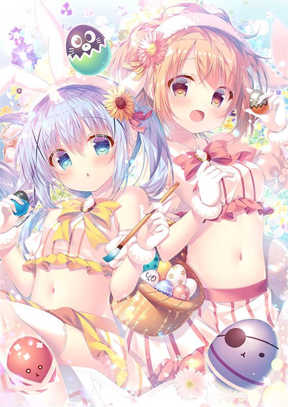 2girls animal_ears bangs basket blue_eyes blue_hair blush bow bowtie brooch commentary_request crop_top detached_sleeves easter easter_egg egg floral_background flower frilled_shirt frills fur-trimmed_gloves fur_trim gloves gochuumon_wa_usagi_desu_ka? hair_flower hair_ornament hairband hoto_cocoa jewelry kafuu_chino midriff mitsumomo_mamu multiple_girls navel orange_eyes orange_hair paintbrush pink_flower pink_neckwear rabbit_ears shirt skirt striped striped_skirt thigh-highs twintails white_gloves white_legwear x_hair_ornament yellow_flower yellow_neckwear