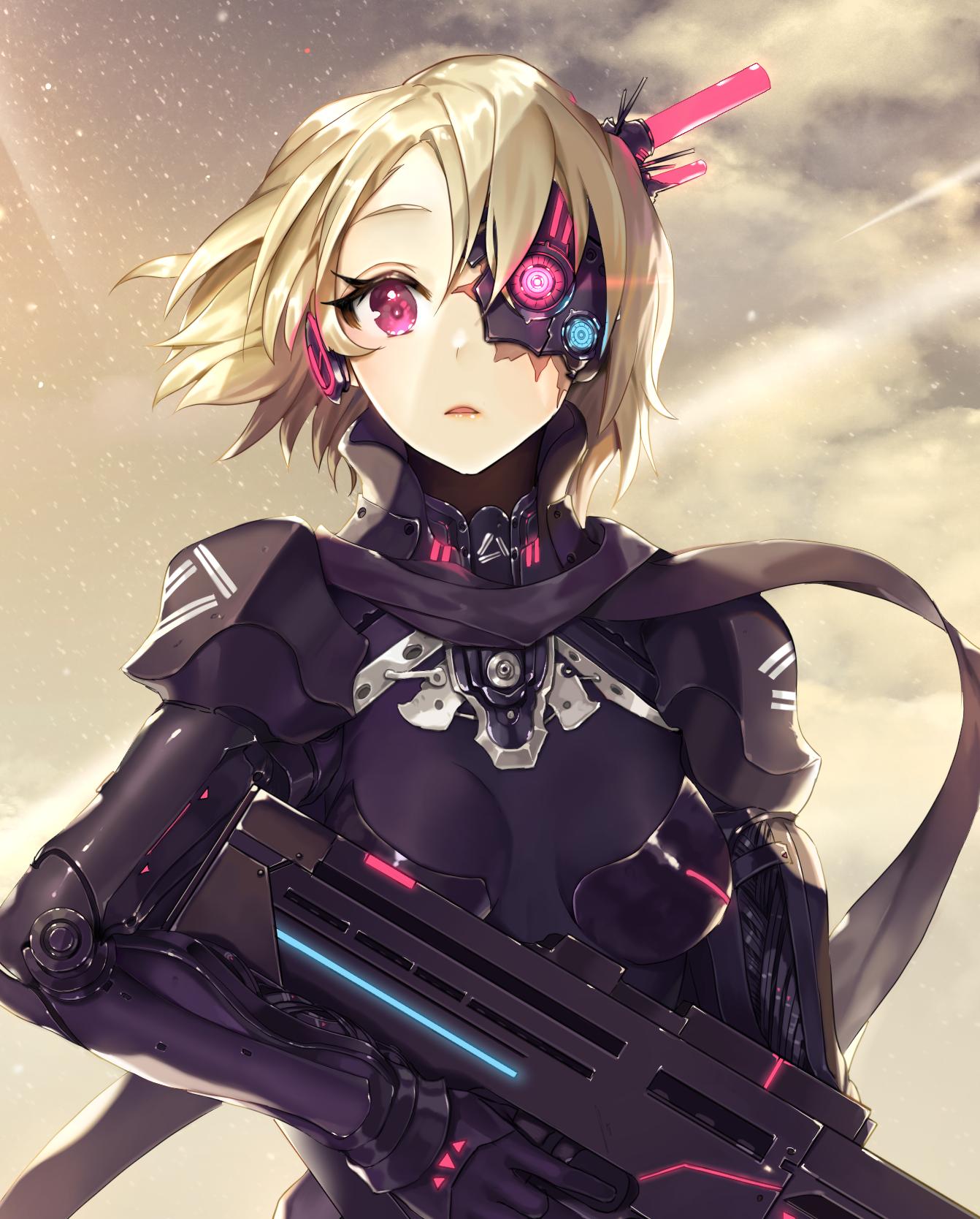 1girl blonde_hair bodysuit breastplate clouds cloudy_sky commentary_request cowboy_shot cyborg day expressionless fuu_kotora gloves gun headphones highres holding holding_gun holding_weapon looking_at_viewer mecha_musume mechanical_eye neon_trim original outdoors parted_lips pink_eyes rifle shiny shiny_clothes short_hair skin_tight sky solo standing star_(sky) starry_sky weapon